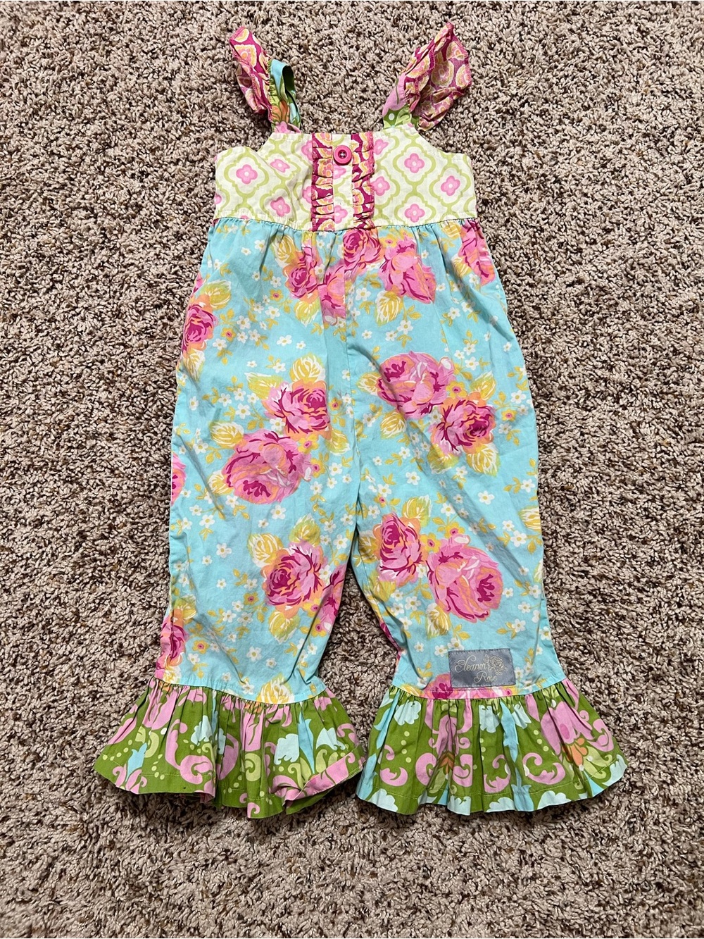 Eleanor Rose Blue Pink Floral Mixed Print Ruffle Jumpsuit Romper Size 3